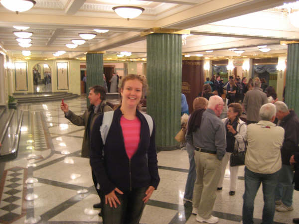 Carly in the lobby at the Bolshoi Ballet, Moscow