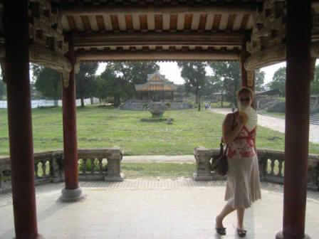 Carly in a pagoda in the Forbidden Purple City, Vietnam